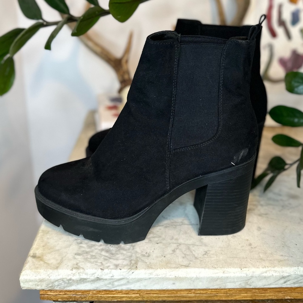 Asos platform bootie in black suede wide fit
